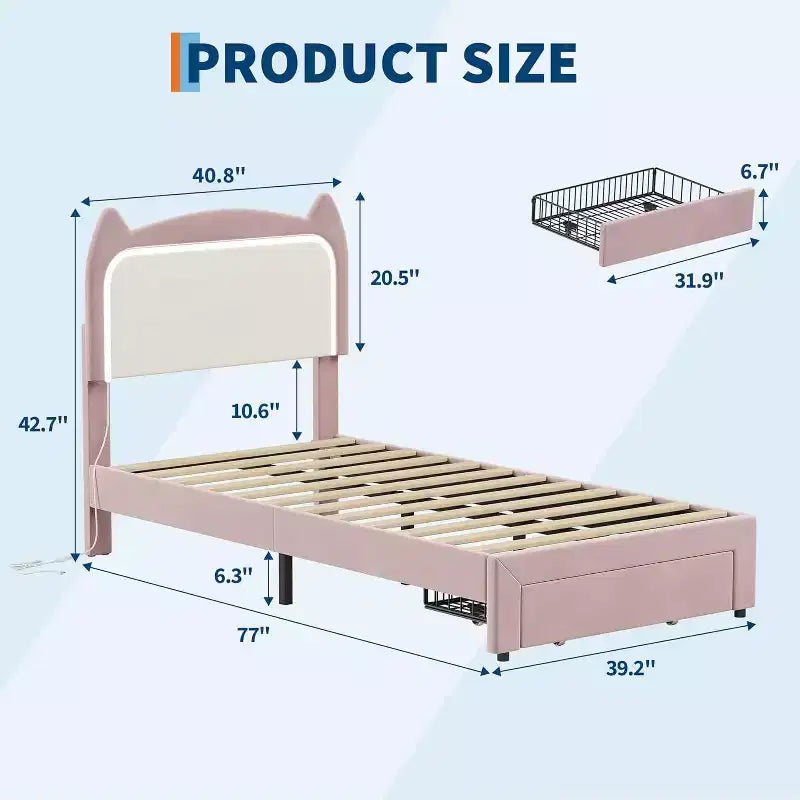 Twin Princess Bed Frame for Girls,Heavy-Duty Bed Leg Supports,Velvet Upholstered Cat Headboard Platform Bed,Enhanced Stability, No Box Spring Needed