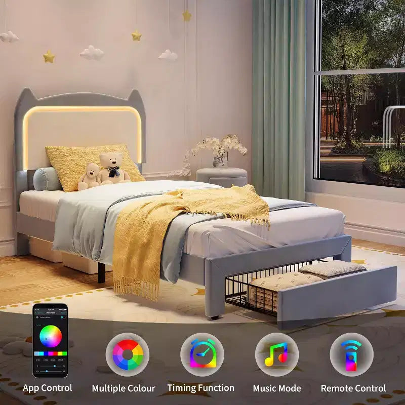 Twin Princess Bed Frame for Girls,Heavy-Duty Bed Leg Supports,Velvet Upholstered Cat Headboard Platform Bed,Enhanced Stability, No Box Spring Needed