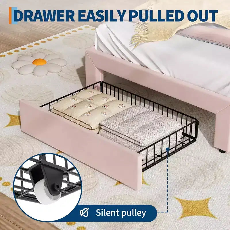 Twin Princess Bed Frame for Girls,Heavy-Duty Bed Leg Supports,Velvet Upholstered Cat Headboard Platform Bed,Enhanced Stability, No Box Spring Needed