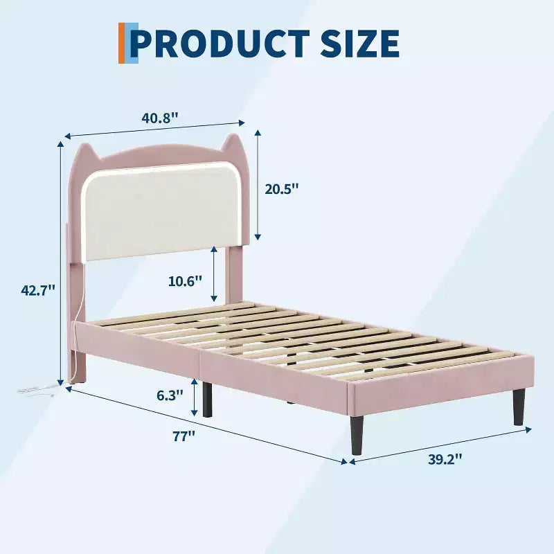 Twin Princess Bed Frame for Girls,Heavy-Duty Bed Leg Supports,Velvet Upholstered Cat Headboard Platform Bed,Enhanced Stability, No Box Spring Needed