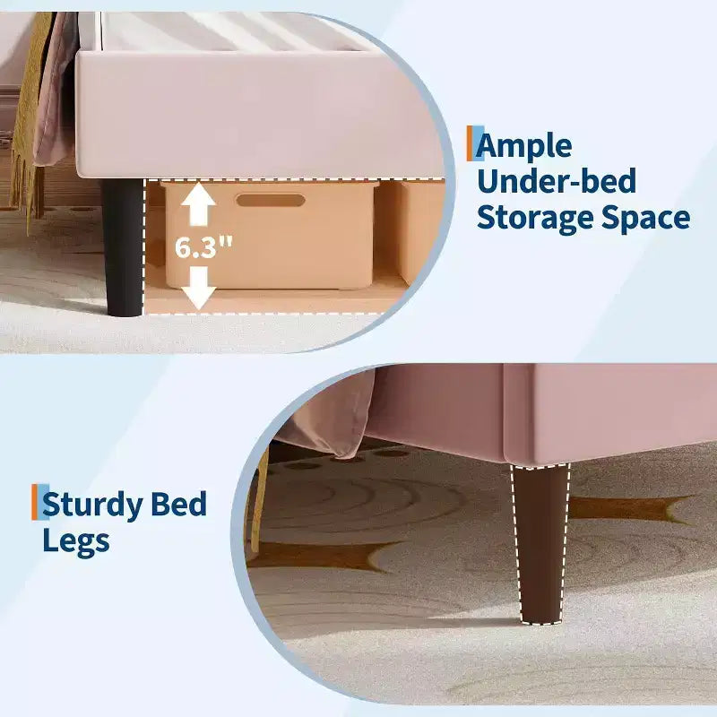 Twin Princess Bed Frame for Girls,Heavy-Duty Bed Leg Supports,Velvet Upholstered Cat Headboard Platform Bed,Enhanced Stability, No Box Spring Needed