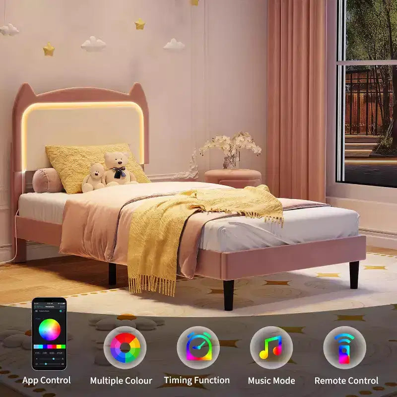 Twin Princess Bed Frame for Girls,Heavy-Duty Bed Leg Supports,Velvet Upholstered Cat Headboard Platform Bed,Enhanced Stability, No Box Spring Needed