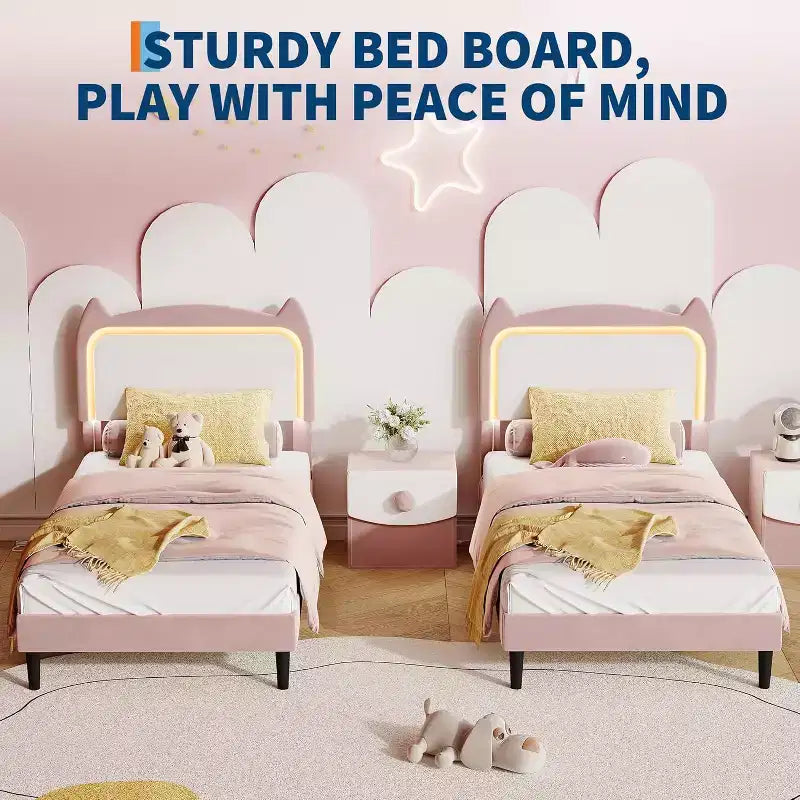 Twin Princess Bed Frame for Girls,Heavy-Duty Bed Leg Supports,Velvet Upholstered Cat Headboard Platform Bed,Enhanced Stability, No Box Spring Needed