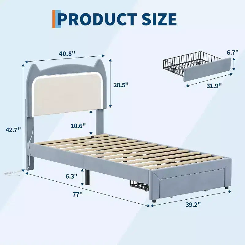 Twin Princess Bed Frame for Girls,Heavy-Duty Bed Leg Supports,Velvet Upholstered Cat Headboard Platform Bed,Enhanced Stability, No Box Spring Needed