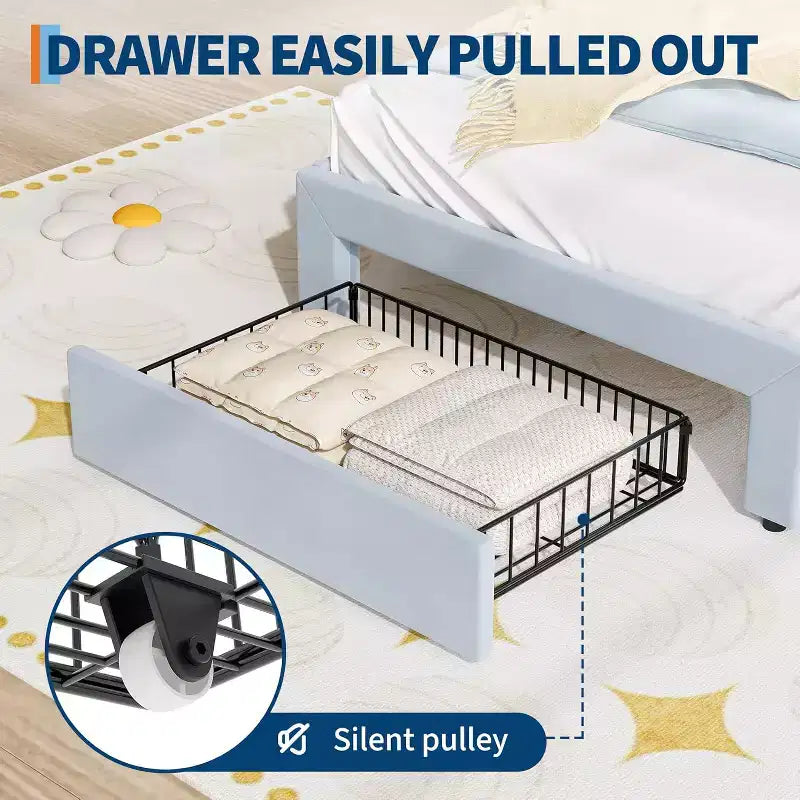 Twin Princess Bed Frame for Girls,Heavy-Duty Bed Leg Supports,Velvet Upholstered Cat Headboard Platform Bed,Enhanced Stability, No Box Spring Needed