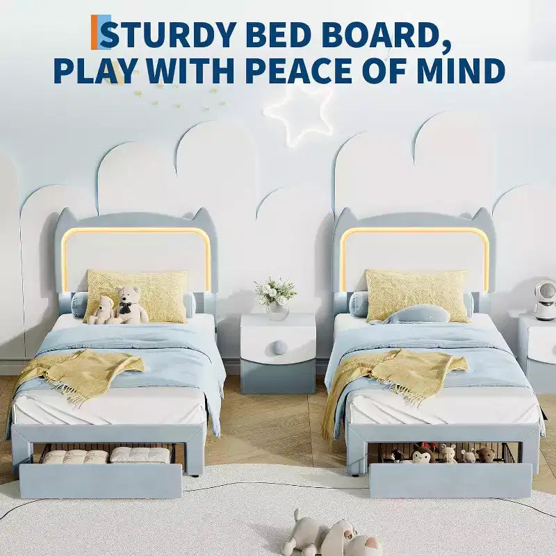 Twin Princess Bed Frame for Girls,Heavy-Duty Bed Leg Supports,Velvet Upholstered Cat Headboard Platform Bed,Enhanced Stability, No Box Spring Needed