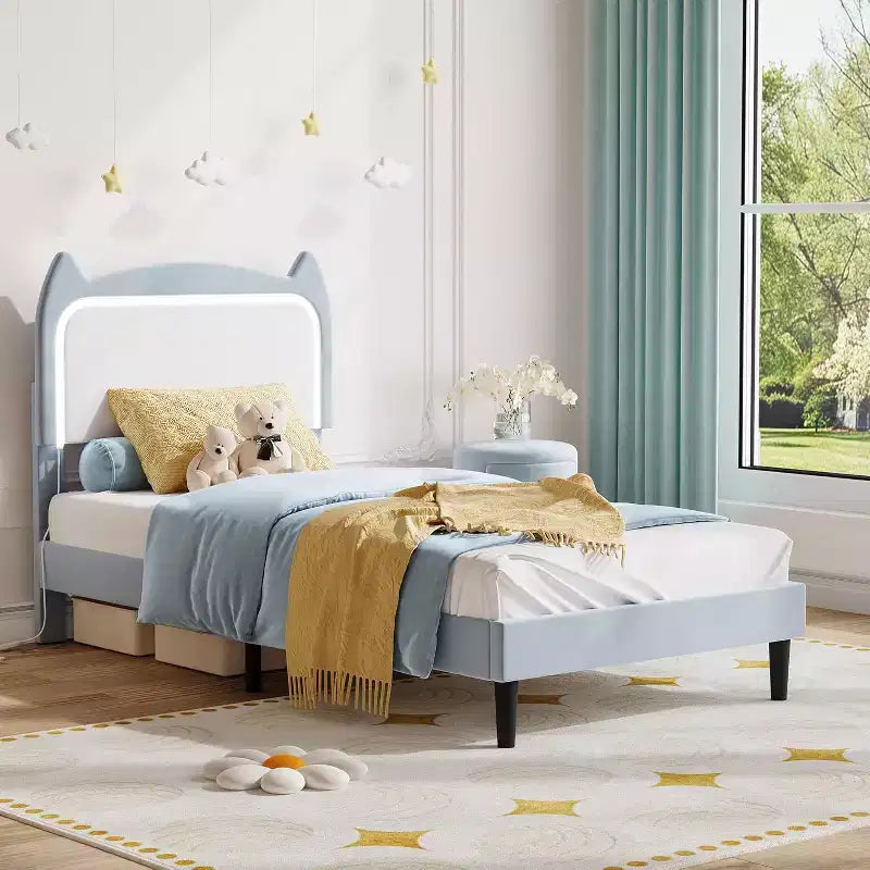 Twin Princess Bed Frame for Girls,Heavy-Duty Bed Leg Supports,Velvet Upholstered Cat Headboard Platform Bed,Enhanced Stability, No Box Spring Needed