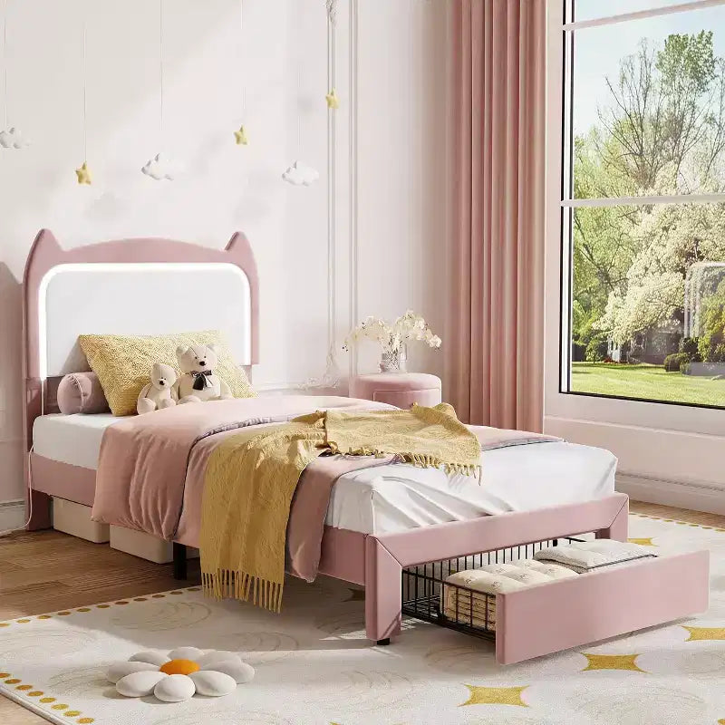 Twin Princess Bed Frame for Girls,Heavy-Duty Bed Leg Supports,Velvet Upholstered Cat Headboard Platform Bed,Enhanced Stability, No Box Spring Needed