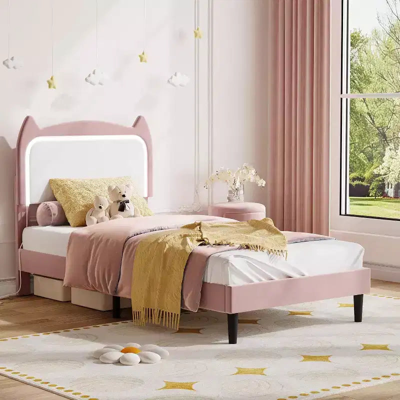 Twin Princess Bed Frame for Girls,Heavy-Duty Bed Leg Supports,Velvet Upholstered Cat Headboard Platform Bed,Enhanced Stability, No Box Spring Needed
