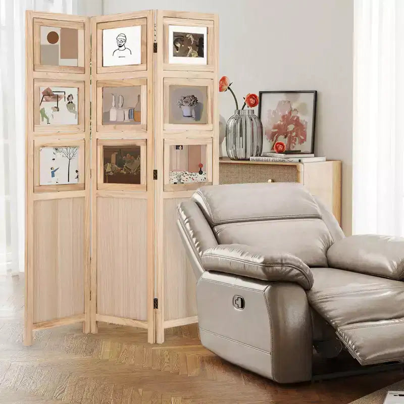 Costway 67 3 Panel Room Divider with Paulownia Wood Photo Frames Metal Hinges for Home Natural/White