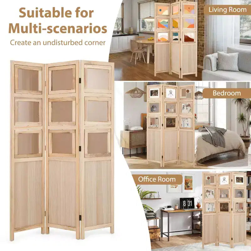 Costway 67 3 Panel Room Divider with Paulownia Wood Photo Frames Metal Hinges for Home Natural/White