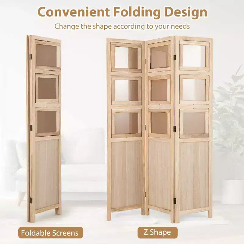 Costway 67 3 Panel Room Divider with Paulownia Wood Photo Frames Metal Hinges for Home Natural/White