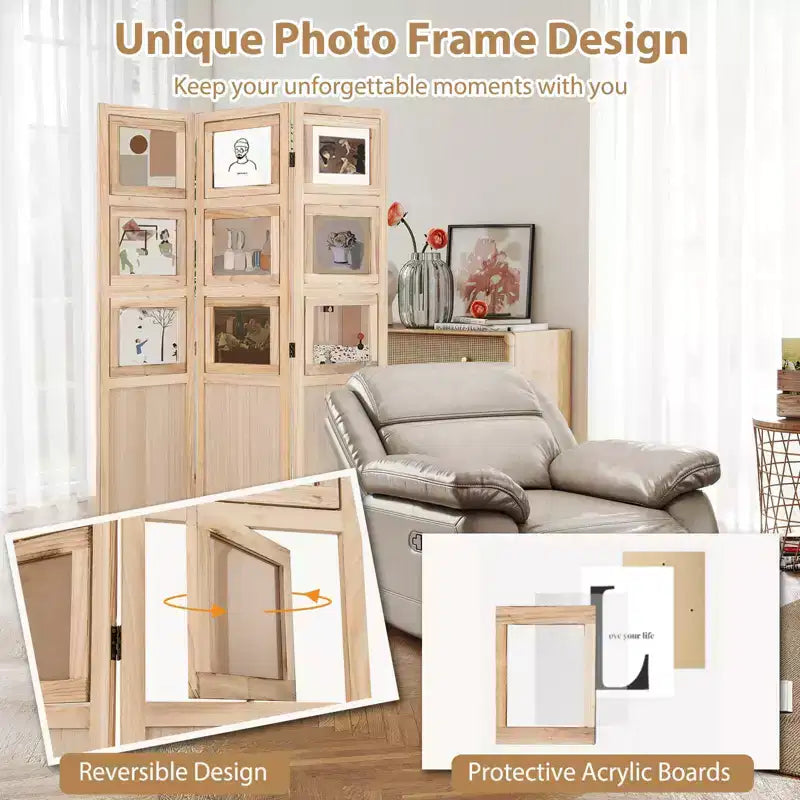 Costway 67 3 Panel Room Divider with Paulownia Wood Photo Frames Metal Hinges for Home Natural/White