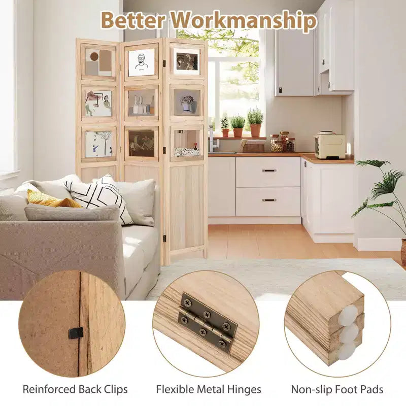 Costway 67 3 Panel Room Divider with Paulownia Wood Photo Frames Metal Hinges for Home Natural/White