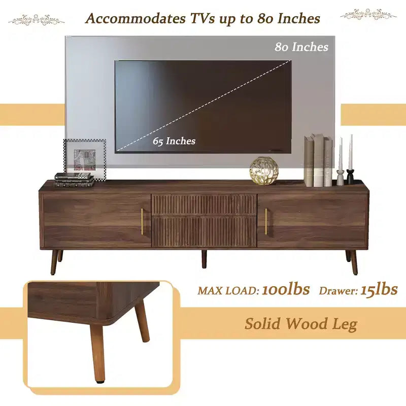 Clihome Mid Century TV Stand with 2 Drawers, Media Console Table for TVs up to 80'', Entertainment Center with Storage for Living Room