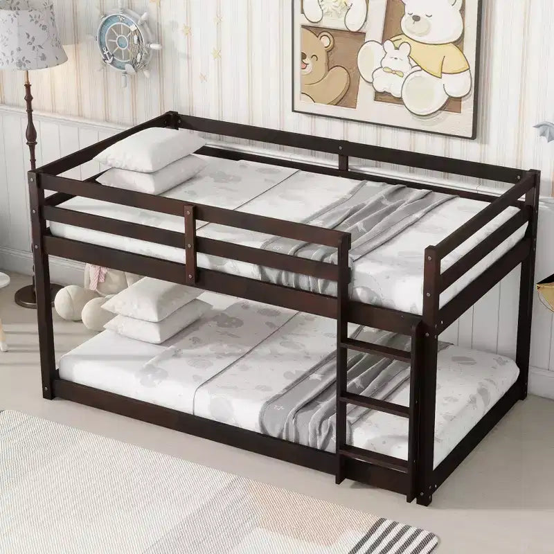 Bellemave Twin over Twin Low-Height Floor Bunk Bed for Kids, Solid Wood Frame with Wide Ladder, Sturdy Slats, Space-Saving Design, Multiple Colors