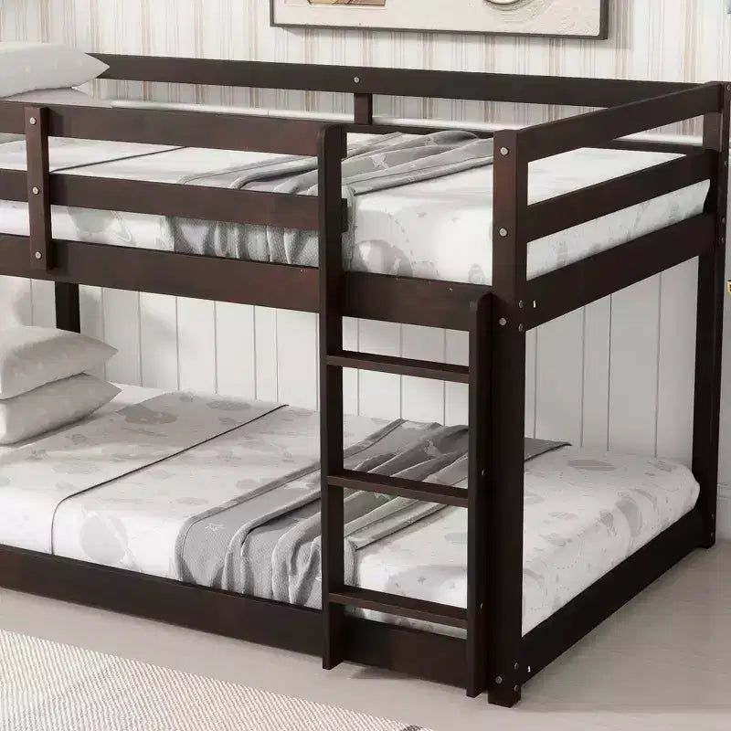 Bellemave Twin over Twin Low-Height Floor Bunk Bed for Kids, Solid Wood Frame with Wide Ladder, Sturdy Slats, Space-Saving Design, Multiple Colors