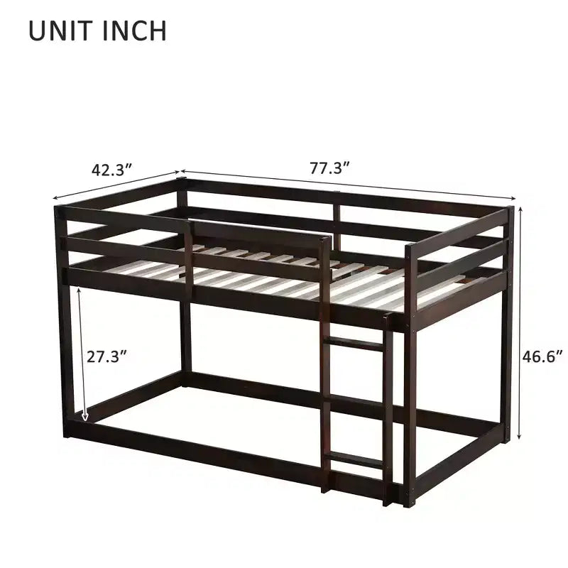 Bellemave Twin over Twin Low-Height Floor Bunk Bed for Kids, Solid Wood Frame with Wide Ladder, Sturdy Slats, Space-Saving Design, Multiple Colors
