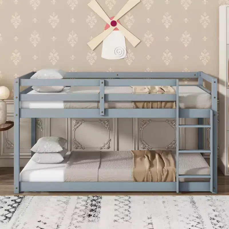 Bellemave Twin over Twin Low-Height Floor Bunk Bed for Kids, Solid Wood Frame with Wide Ladder, Sturdy Slats, Space-Saving Design, Multiple Colors