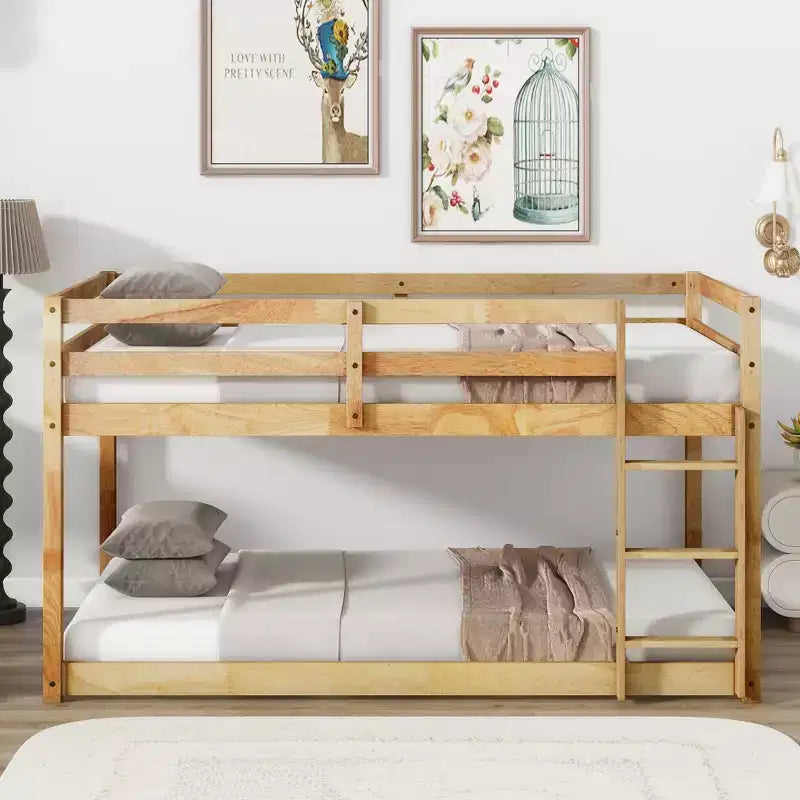Bellemave Twin over Twin Low-Height Floor Bunk Bed for Kids, Solid Wood Frame with Wide Ladder, Sturdy Slats, Space-Saving Design, Multiple Colors