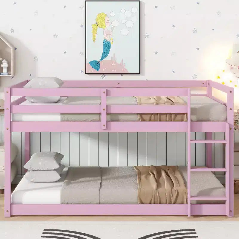 Bellemave Twin over Twin Low-Height Floor Bunk Bed for Kids, Solid Wood Frame with Wide Ladder, Sturdy Slats, Space-Saving Design, Multiple Colors