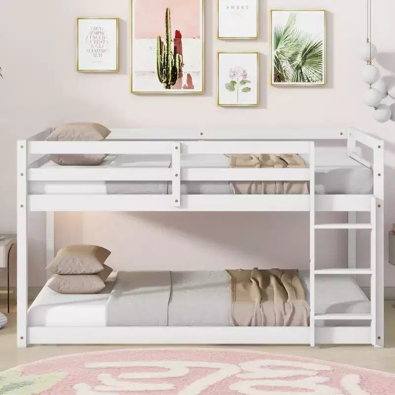 Bellemave Twin over Twin Low-Height Floor Bunk Bed for Kids, Solid Wood Frame with Wide Ladder, Sturdy Slats, Space-Saving Design, Multiple Colors