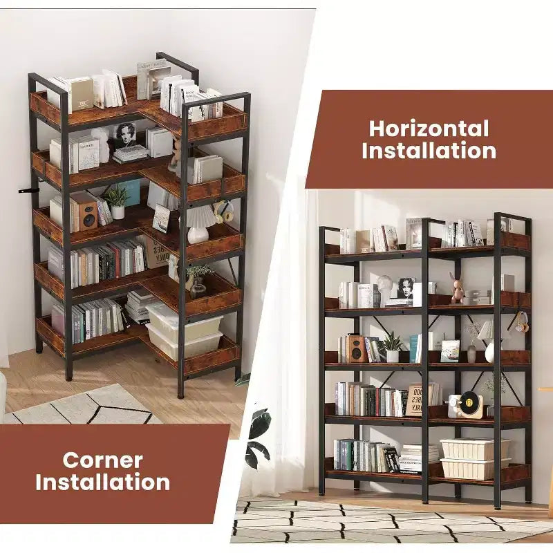 65 5-Tier L-Shaped Corner Bookshelf, 10 Open Shelf Industrial Storage Unit for Living Room, Home Office