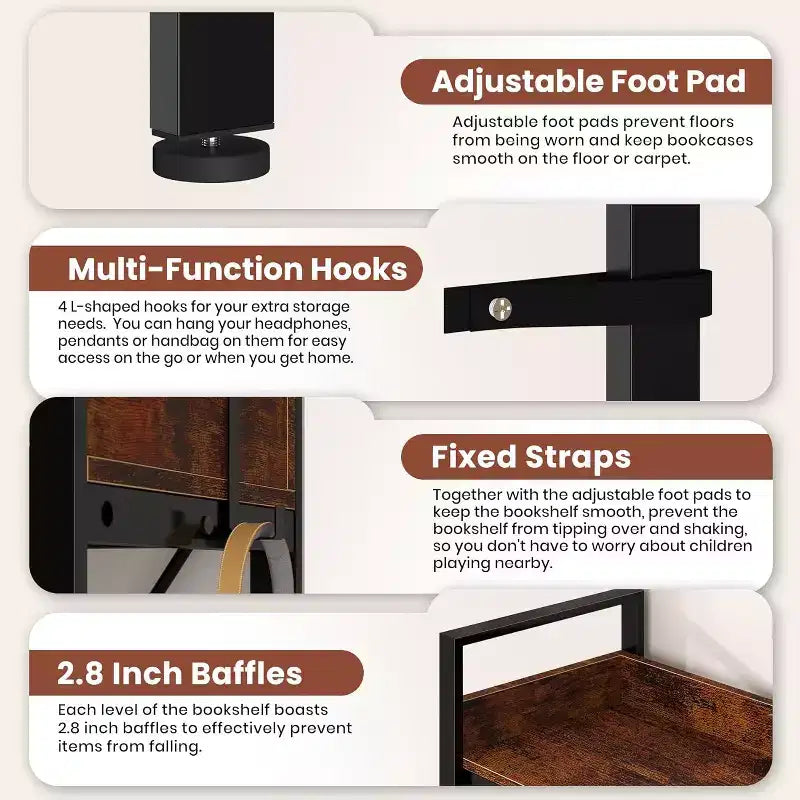 65 5-Tier L-Shaped Corner Bookshelf, 10 Open Shelf Industrial Storage Unit for Living Room, Home Office