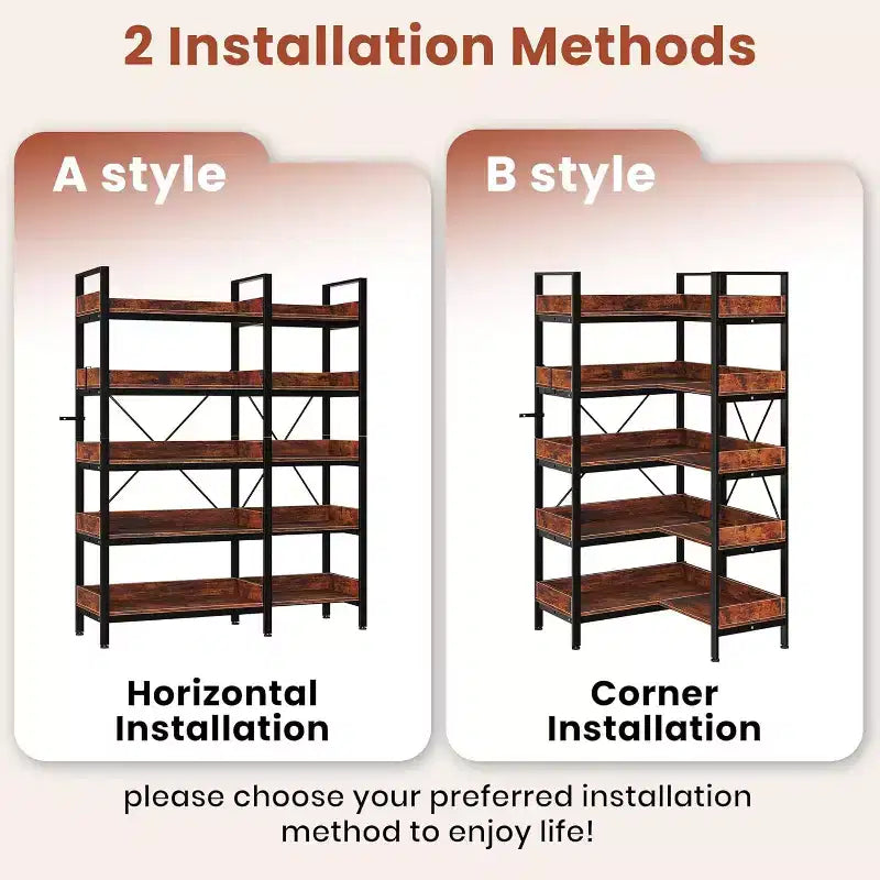 65 5-Tier L-Shaped Corner Bookshelf, 10 Open Shelf Industrial Storage Unit for Living Room, Home Office