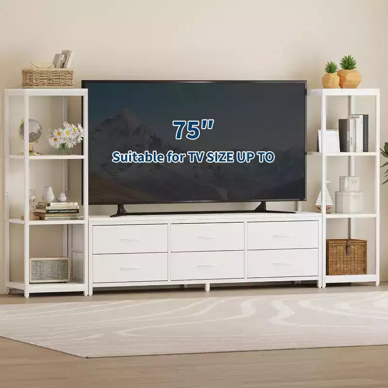 TV Stands with 6 Fabric Drawers, Large Entertainment Center with 2 Industrial 4-Tier Storage Shelves, Modern TV Console Cabinet for Living Room