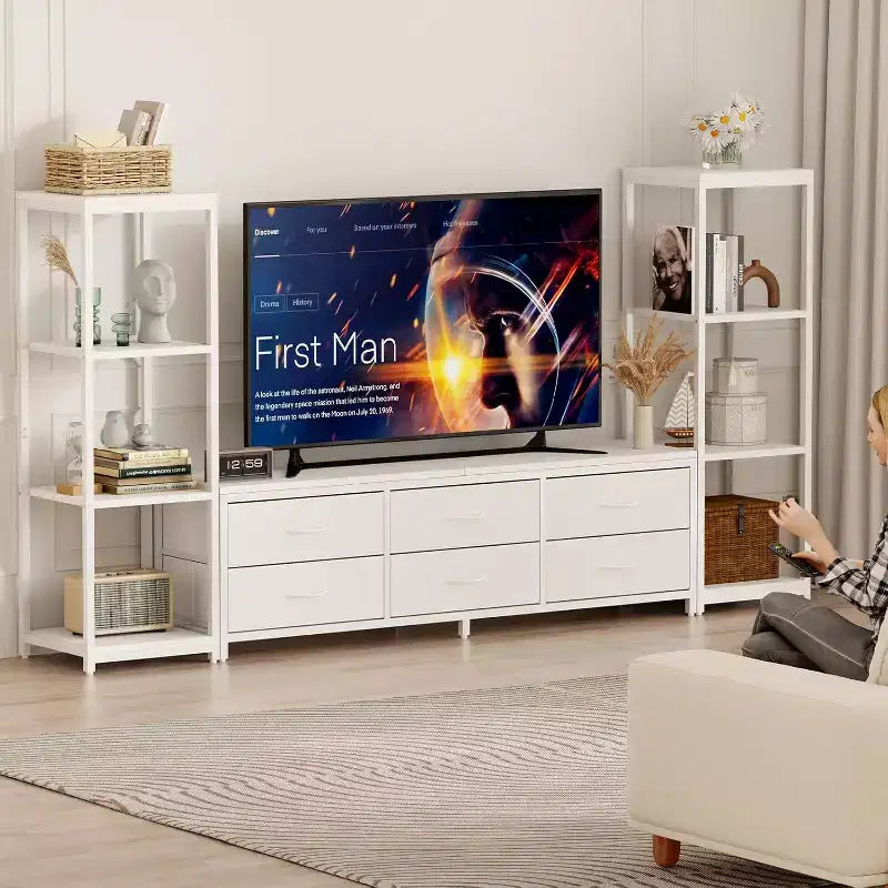 TV Stands with 6 Fabric Drawers, Large Entertainment Center with 2 Industrial 4-Tier Storage Shelves, Modern TV Console Cabinet for Living Room