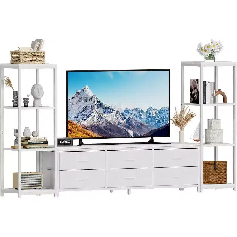 TV Stands with 6 Fabric Drawers, Large Entertainment Center with 2 Industrial 4-Tier Storage Shelves, Modern TV Console Cabinet for Living Room