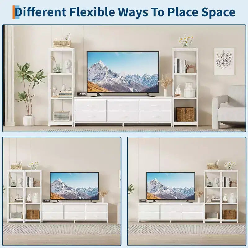 TV Stands with 6 Fabric Drawers, Large Entertainment Center with 2 Industrial 4-Tier Storage Shelves, Modern TV Console Cabinet for Living Room