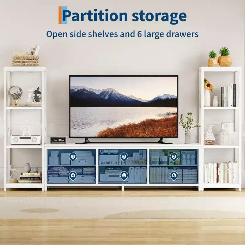TV Stands with 6 Fabric Drawers, Large Entertainment Center with 2 Industrial 4-Tier Storage Shelves, Modern TV Console Cabinet for Living Room