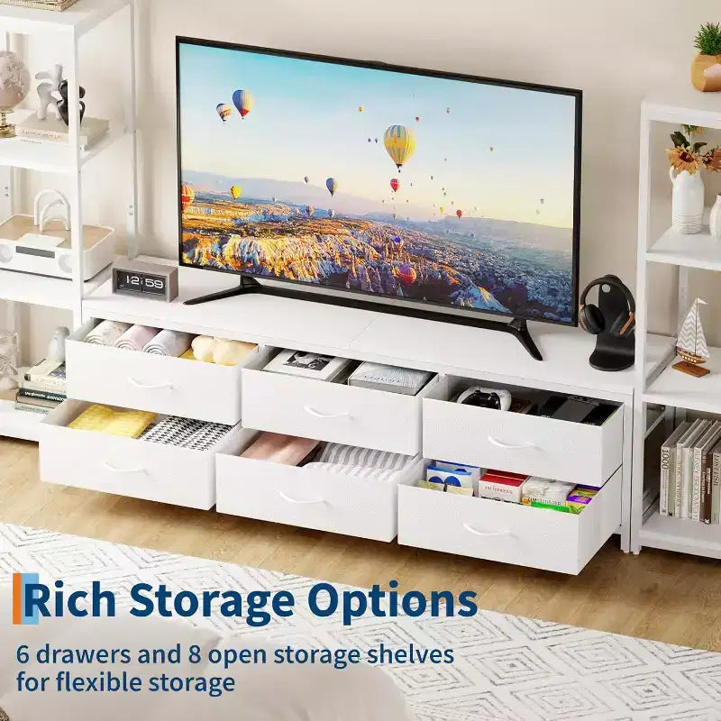 TV Stands with 6 Fabric Drawers, Large Entertainment Center with 2 Industrial 4-Tier Storage Shelves, Modern TV Console Cabinet for Living Room