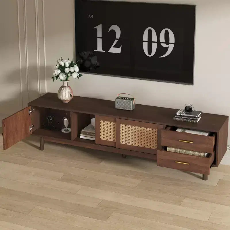 Clihome Mid Century Modern TV Stand for 80 TVs, Entertainment Center with Sliding Doors and Drawers, TV Table with Storage for Living Room
