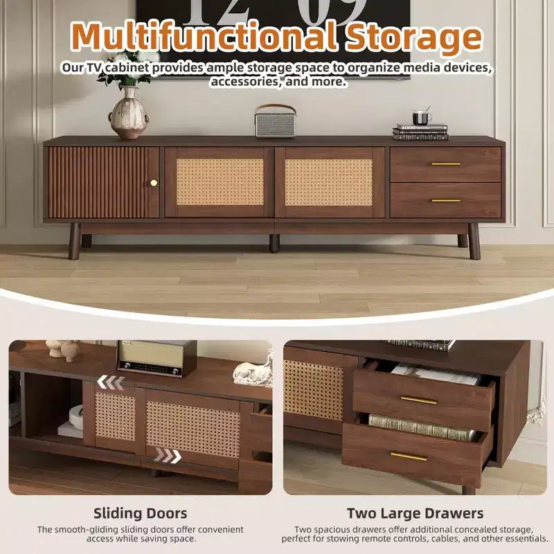 Clihome Mid Century Modern TV Stand for 80 TVs, Entertainment Center with Sliding Doors and Drawers, TV Table with Storage for Living Room