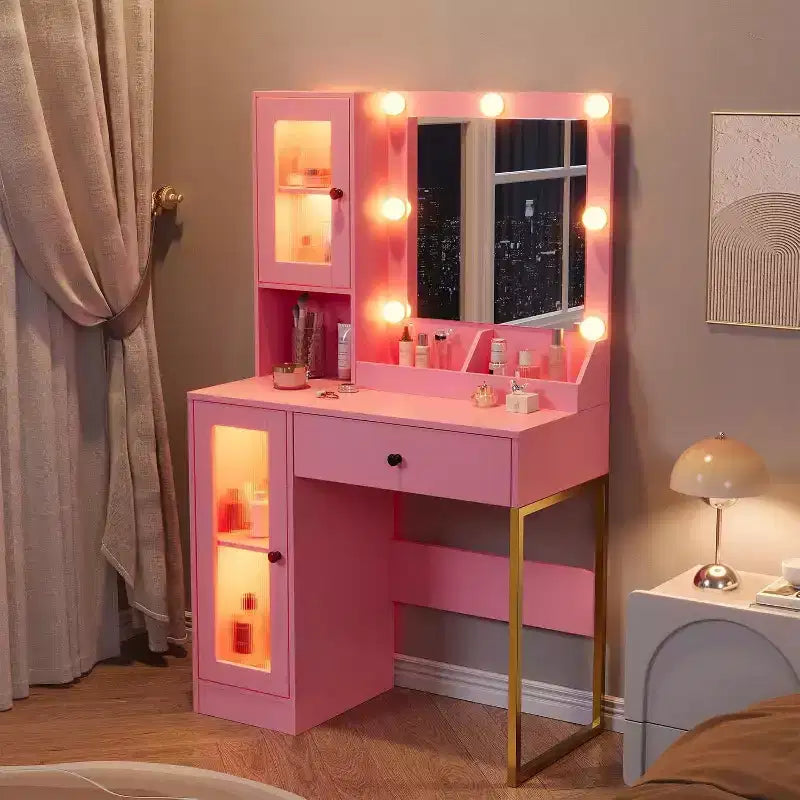 Modern Makeup Vanity Desk with Mirror, Charging Station, Ample Storage Drawers & Acrylic-Door Cabinets, Wooden Dressing Table for Bedroom