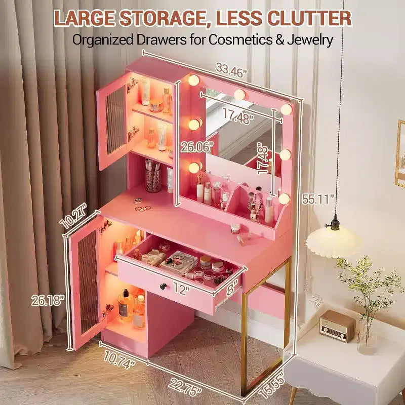 Modern Makeup Vanity Desk with Mirror, Charging Station, Ample Storage Drawers & Acrylic-Door Cabinets, Wooden Dressing Table for Bedroom