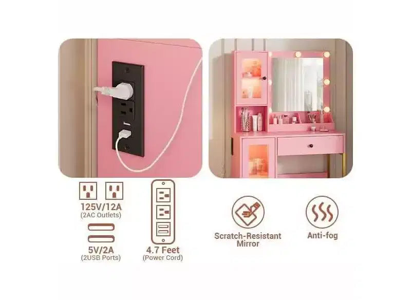 Modern Makeup Vanity Desk with Mirror, Charging Station, Ample Storage Drawers & Acrylic-Door Cabinets, Wooden Dressing Table for Bedroom