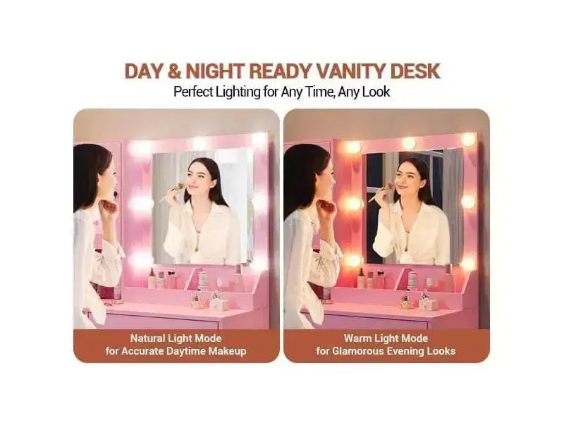 Modern Makeup Vanity Desk with Mirror, Charging Station, Ample Storage Drawers & Acrylic-Door Cabinets, Wooden Dressing Table for Bedroom