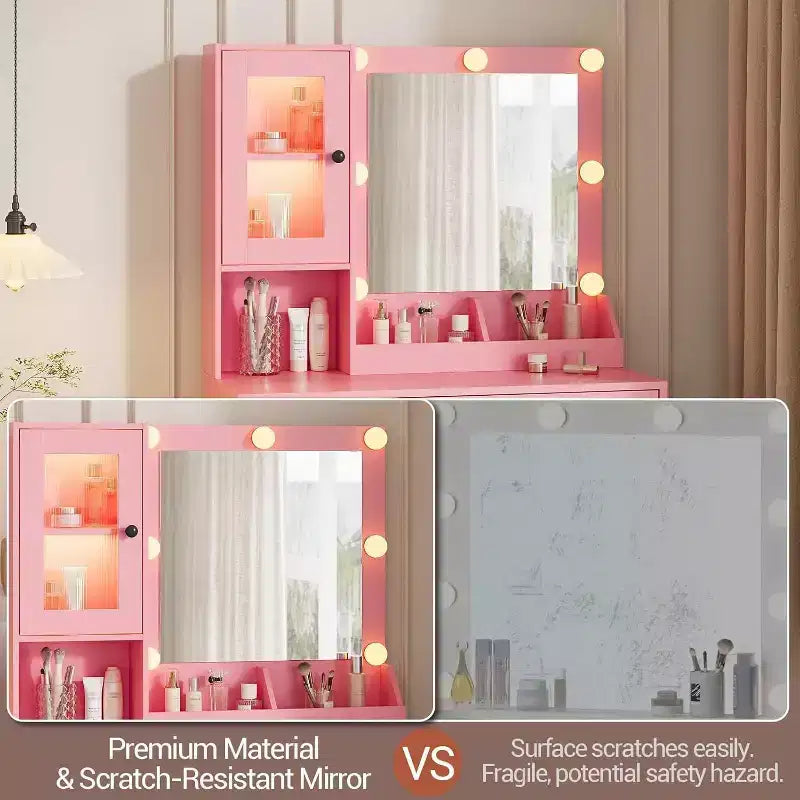 Modern Makeup Vanity Desk with Mirror, Charging Station, Ample Storage Drawers & Acrylic-Door Cabinets, Wooden Dressing Table for Bedroom