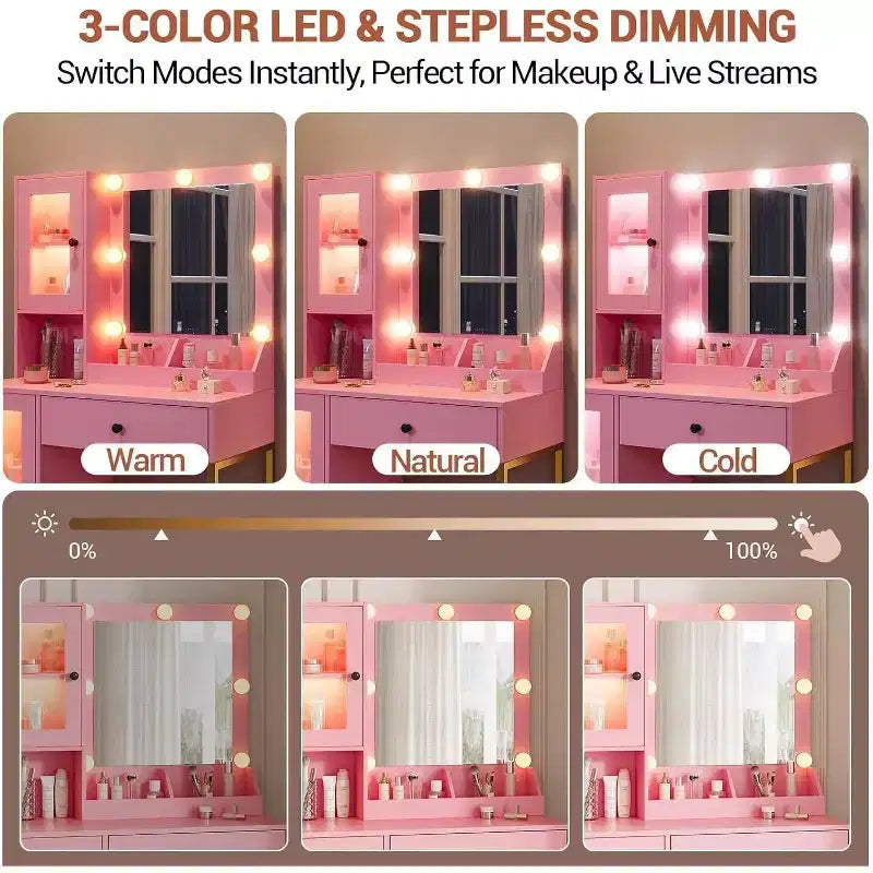 Modern Makeup Vanity Desk with Mirror, Charging Station, Ample Storage Drawers & Acrylic-Door Cabinets, Wooden Dressing Table for Bedroom