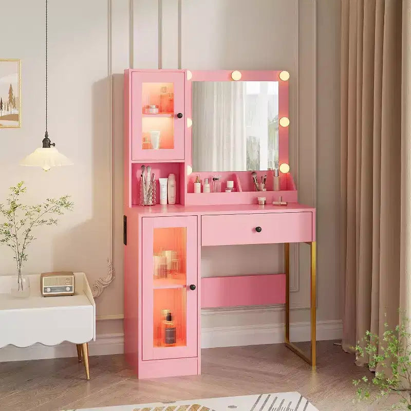Modern Makeup Vanity Desk with Mirror, Charging Station, Ample Storage Drawers & Acrylic-Door Cabinets, Wooden Dressing Table for Bedroom