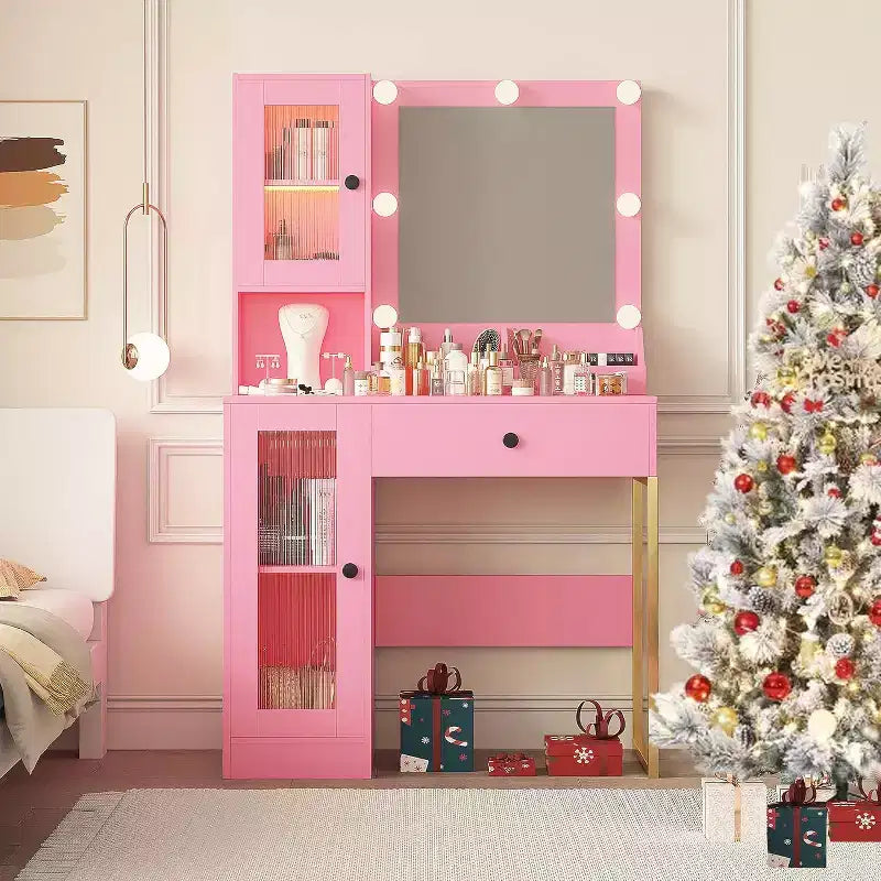 Modern Makeup Vanity Desk with Mirror, Charging Station, Ample Storage Drawers & Acrylic-Door Cabinets, Wooden Dressing Table for Bedroom