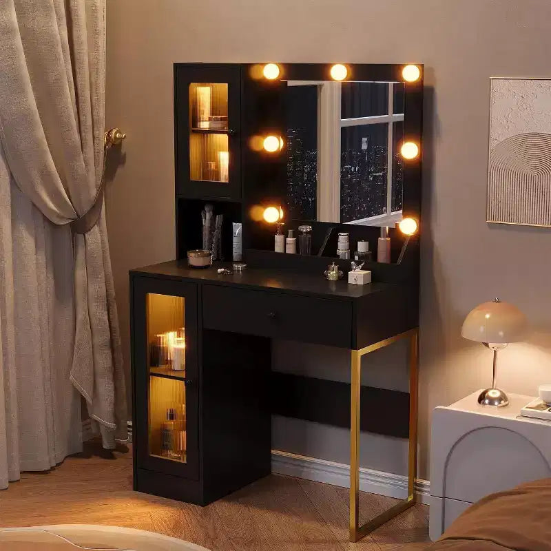 Modern Makeup Vanity Desk with Mirror, Charging Station, Ample Storage Drawers & Acrylic-Door Cabinets, Wooden Dressing Table for Bedroom