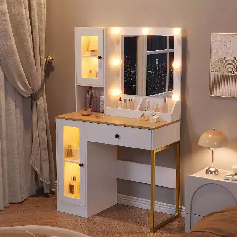 Modern Makeup Vanity Desk with Mirror, Charging Station, Ample Storage Drawers & Acrylic-Door Cabinets, Wooden Dressing Table for Bedroom