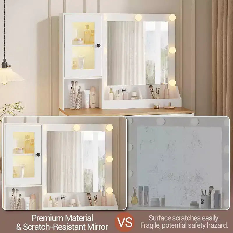 Modern Makeup Vanity Desk with Mirror, Charging Station, Ample Storage Drawers & Acrylic-Door Cabinets, Wooden Dressing Table for Bedroom