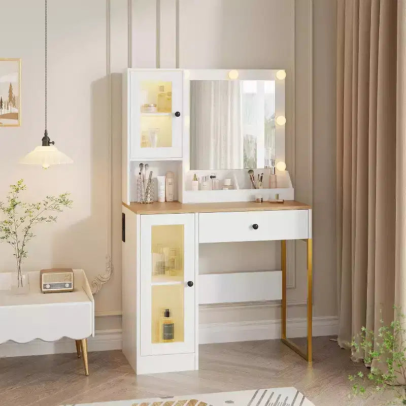 Modern Makeup Vanity Desk with Mirror, Charging Station, Ample Storage Drawers & Acrylic-Door Cabinets, Wooden Dressing Table for Bedroom
