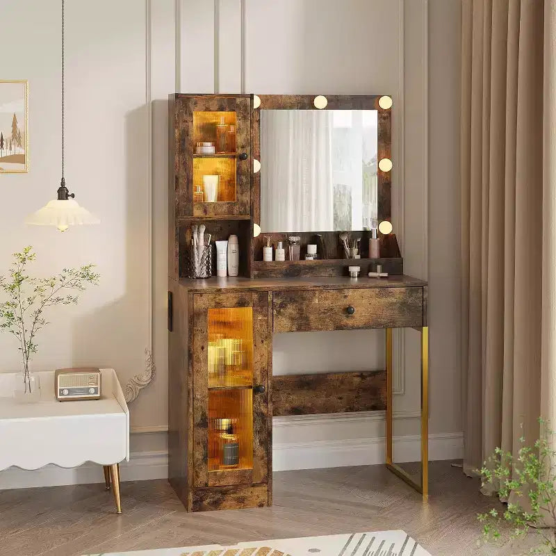Modern Makeup Vanity Desk with Mirror, Charging Station, Ample Storage Drawers & Acrylic-Door Cabinets, Wooden Dressing Table for Bedroom
